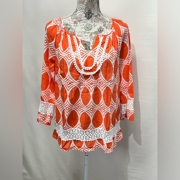 CROWN & IVY Orange‎ and white print tunic size L - Picture 7 of 13